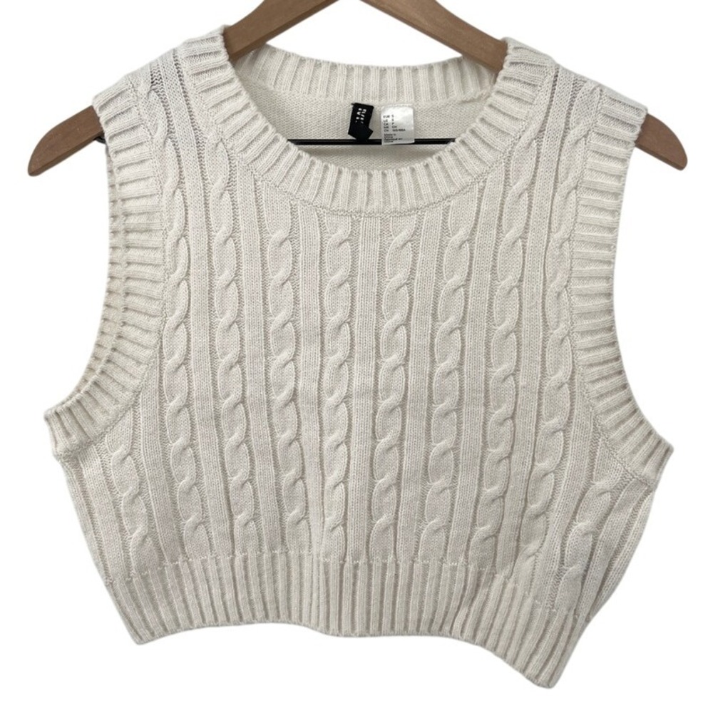 H&M Divided Women S Cropped Sleeveless Sweater Vest White Cream Acrylic Spring - Picture 1 of 7